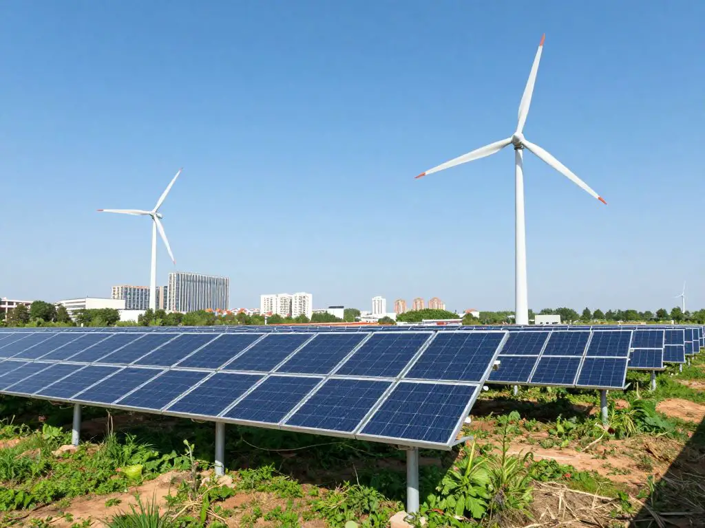 Renewable energy sources like solar panels and wind turbines powering a clean, sustainable future city