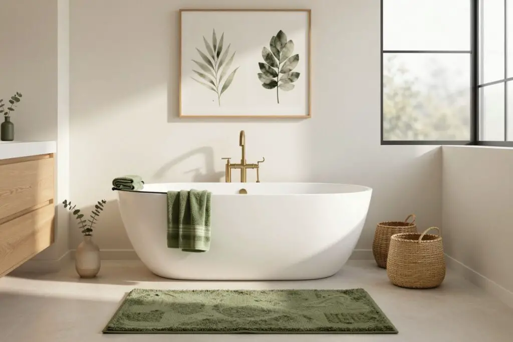 Featured image for: 16 Olive Green Bathroom Decor Ideas That Feel Calm, Luxe & Totally Pinterest-Worthy