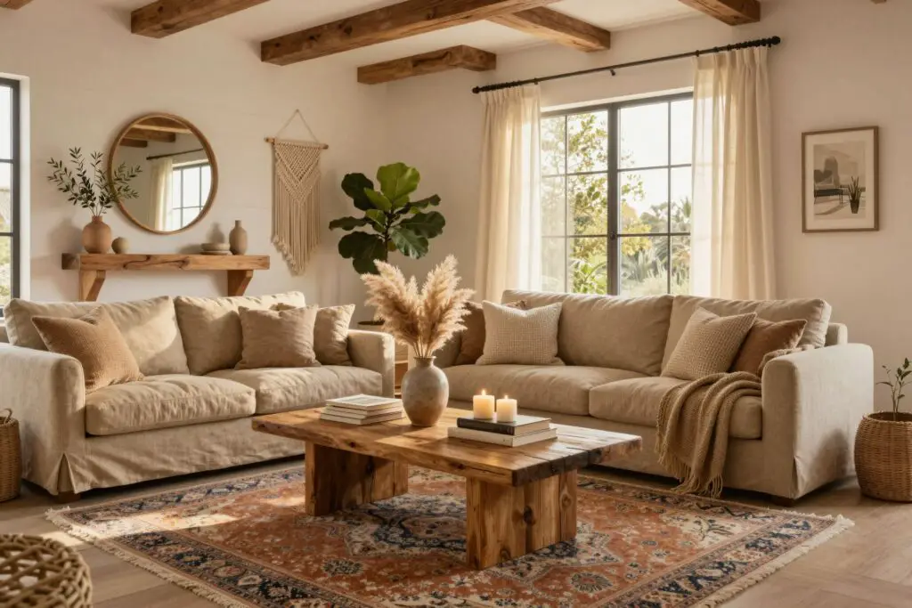 Featured image for: 22 Boho Country Living Room Ideas That Feel Warm, Layered & Effortlessly Cozy