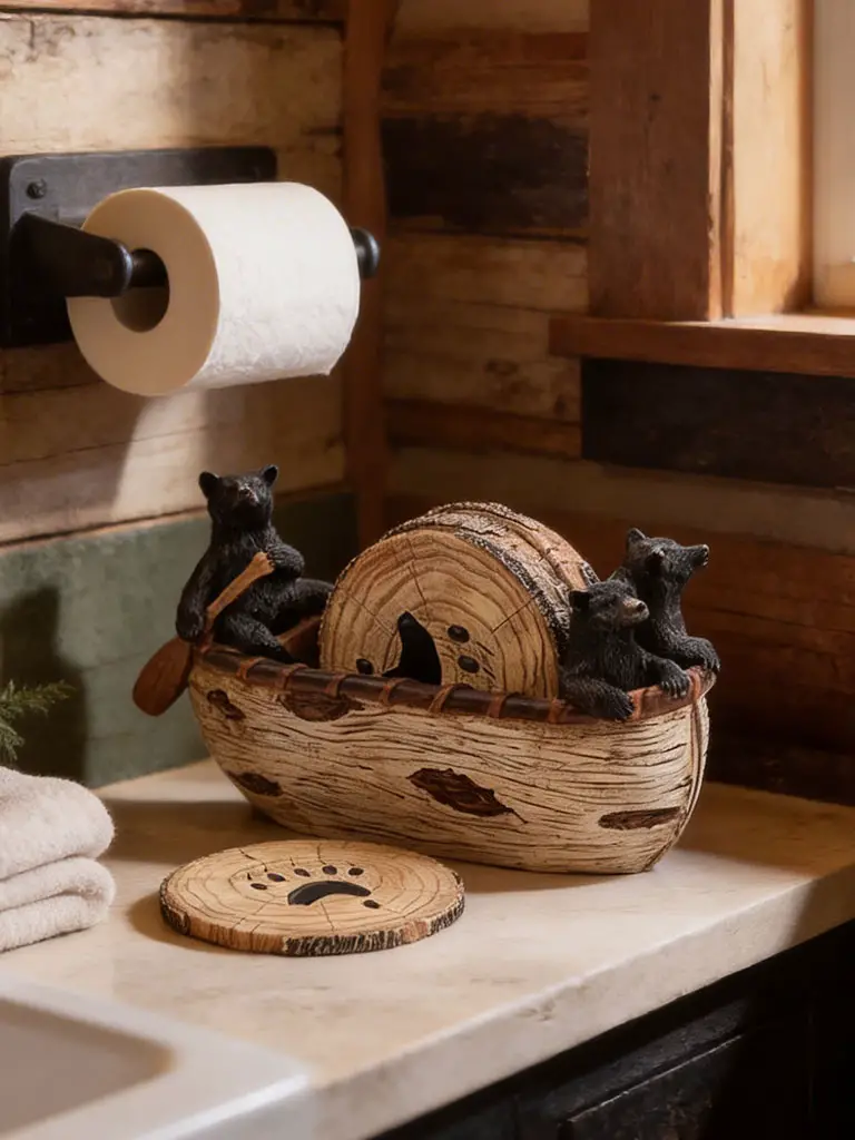 Bear-themed rustic cabin decor bathroom accessories with wood-style basket and pinecone accents