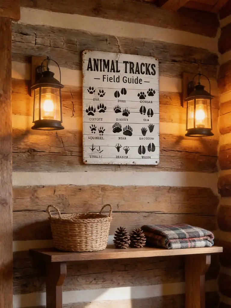 Animal tracks wall art with lantern sconces in rustic cabin decor entryway with log walls