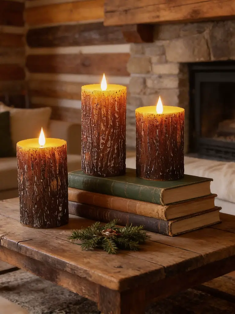 Flameless pine bark effect pillar candles with 3D flickering wick in rustic cabin decor living room