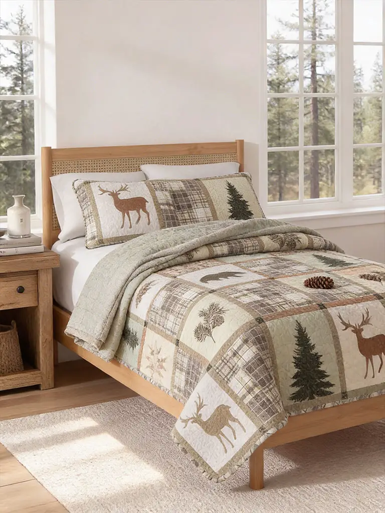 Woodland quilt bedding set with deer and pine tree pattern in bright rustic cabin decor bedroom