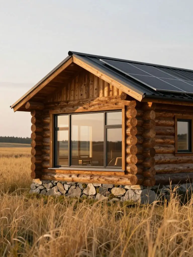 Photograph a handcrafted rustic log micro-cabin set in expansive golden grassland, with rounded timber logs meticulously stacked and visible.