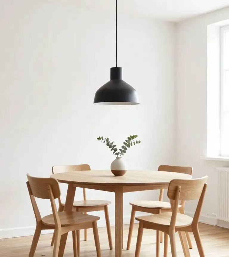 Scandinavian minimalist dining space with light blonde wood round table,