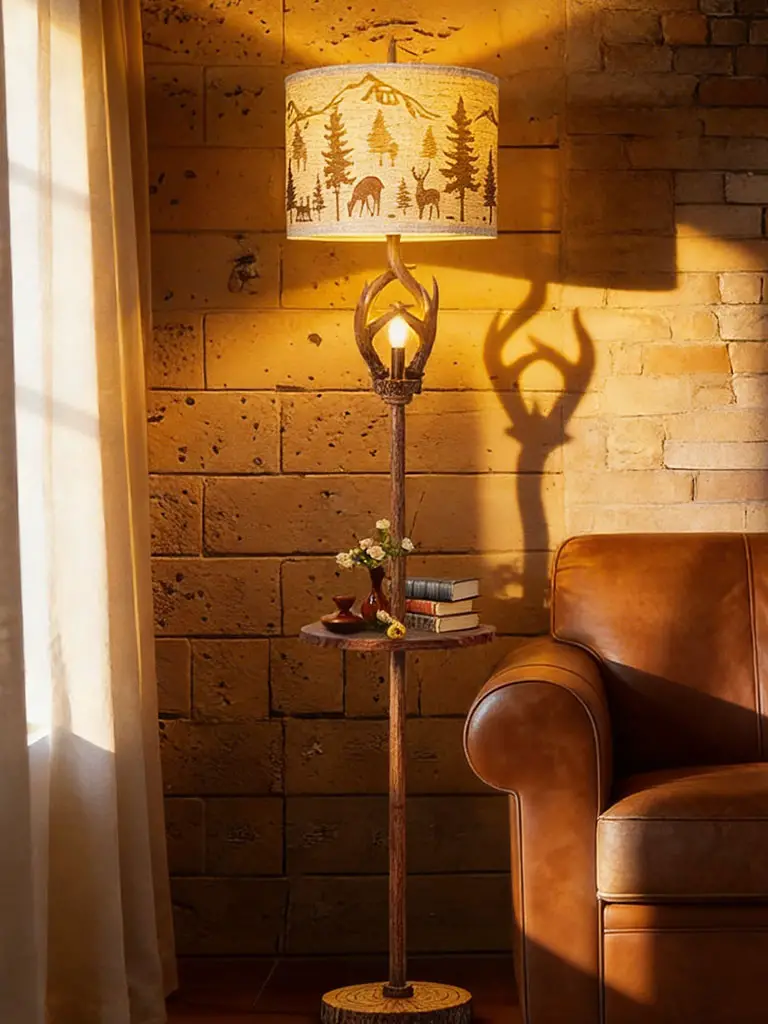Antler floor lamp beside leather armchair in warm rustic cabin decor living room corner