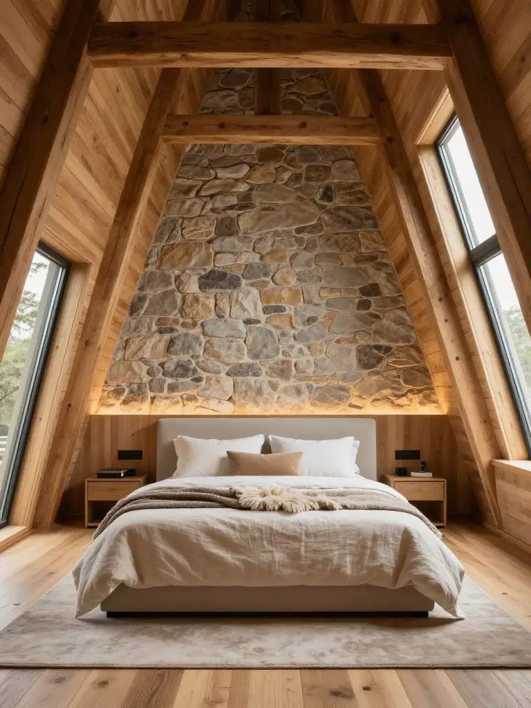 An A-frame inspired modern rustic bedroom with exposed angled wood beams framing a textured stone feature wall behind the bed.
