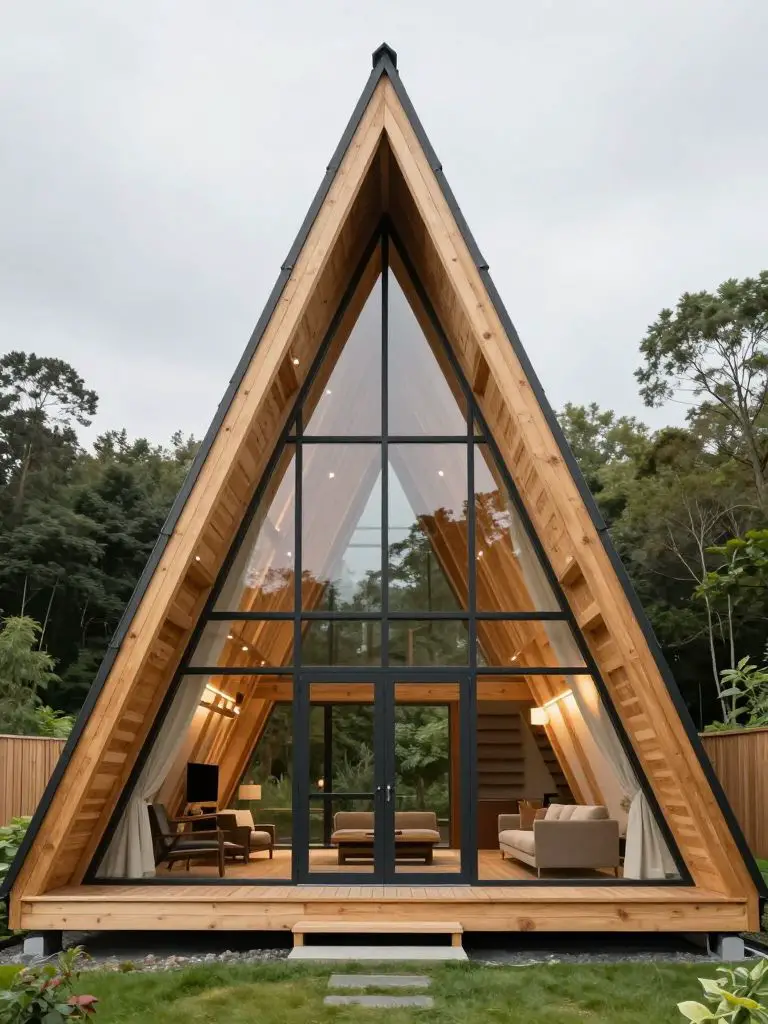 An A-frame inspired modern rustic cabin design with soaring floor-to-ceiling glass and angled timber beams.