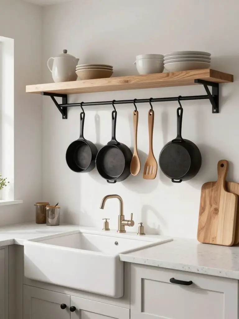 A compact modern farmhouse kitchen renovation featuring a wall-mounted black metal rail system beneath a floating oak shelf.