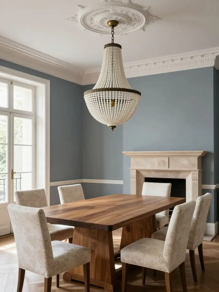 An elegant dining room blending classic European and modern rustic elements, centered around a solid wood rectangular dining table with visi.