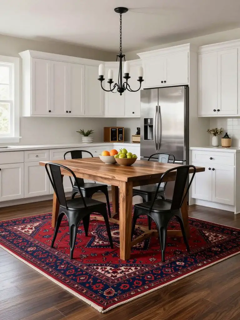 An inviting dining nook blending modern rustic and classic elements, centered around a solid wood rectangular dining table with visible grai.