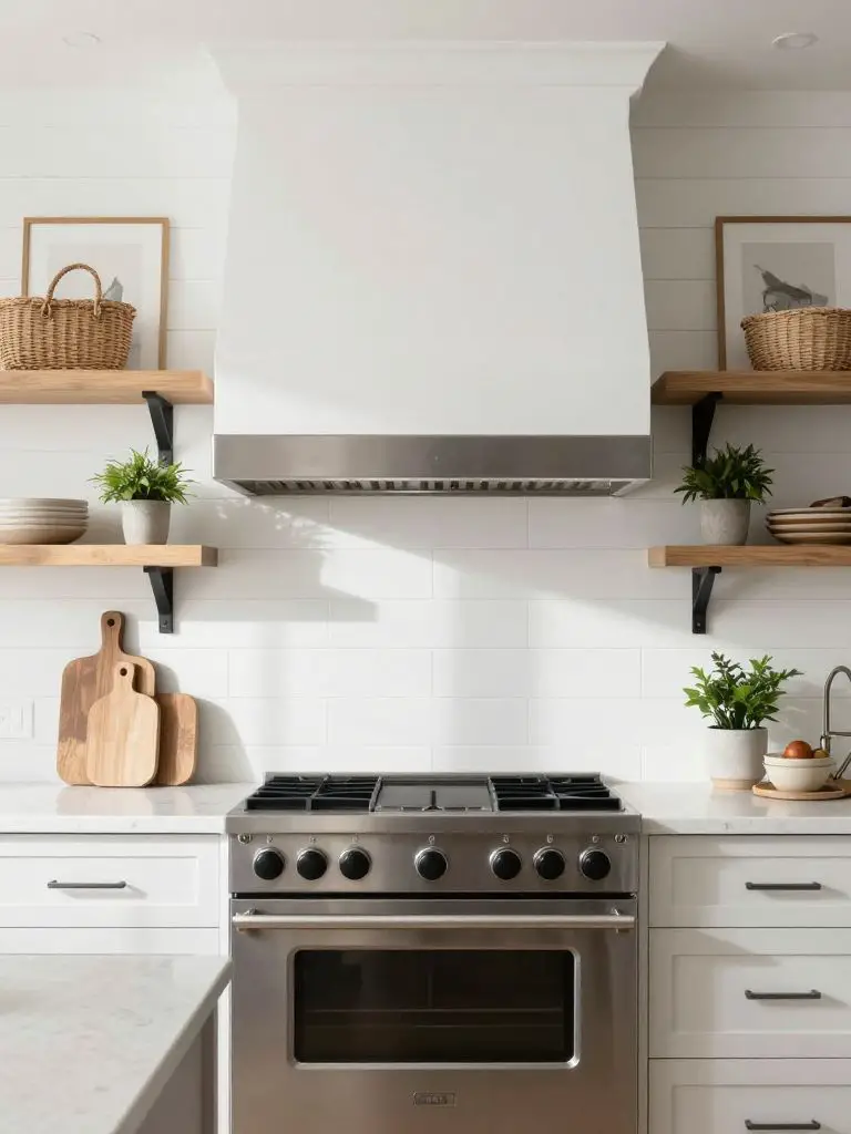 A modern farmhouse kitchen renovation featuring horizontal white shiplap wall panels as the backdrop behind a stainless range hood.