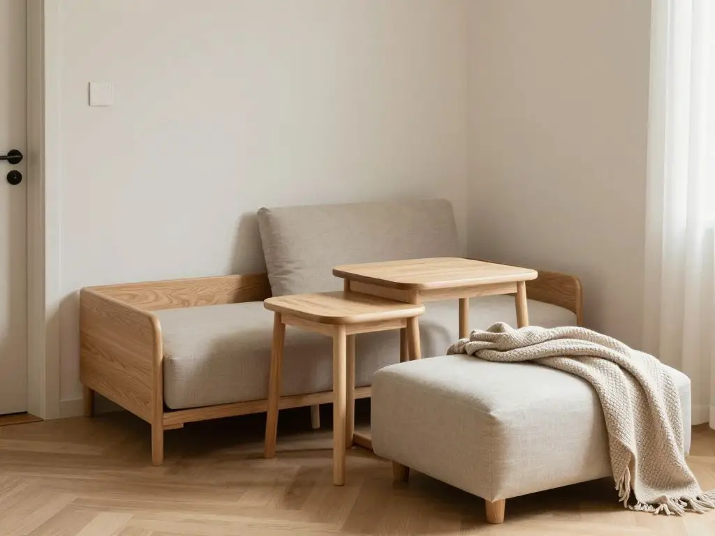 interior photograph of Japandi small living room design, compact space feeling expansive through smart design, low-profile multifunctional f.