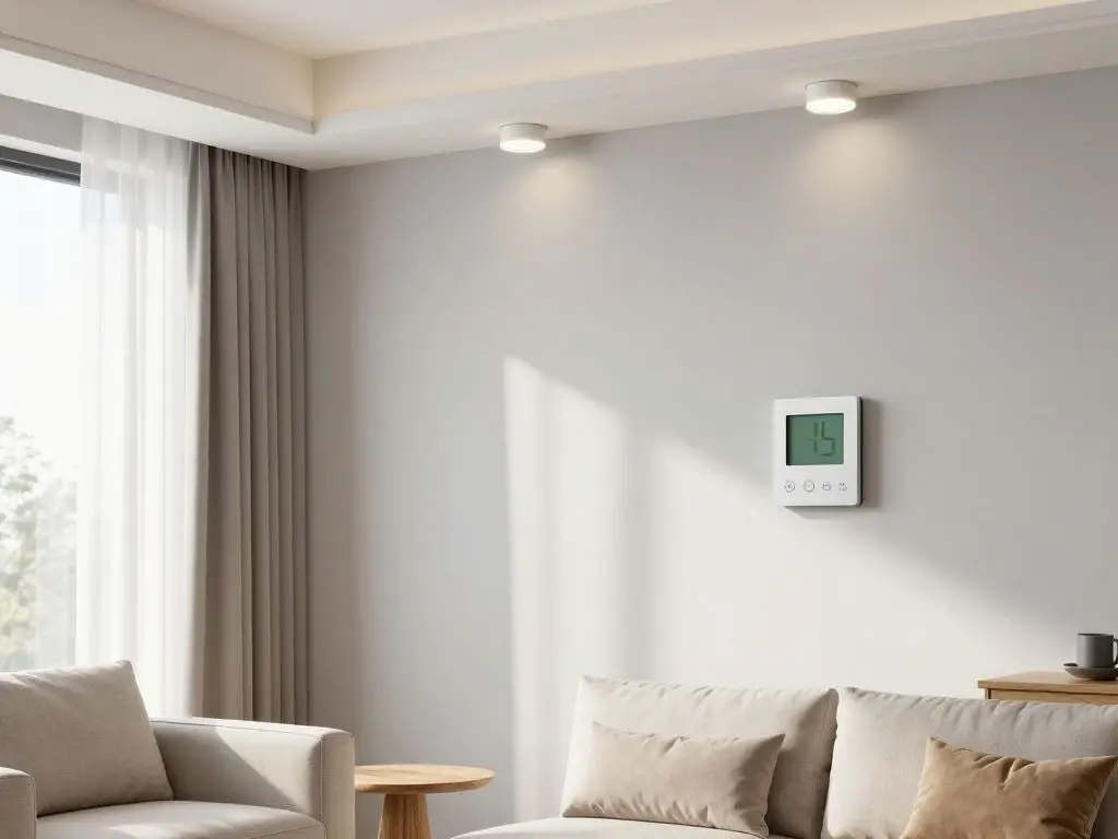 interior shot of a bright modern living room corner featuring energy-efficient LED bulbs in minimalist fixtures, programmable thermostat mou.