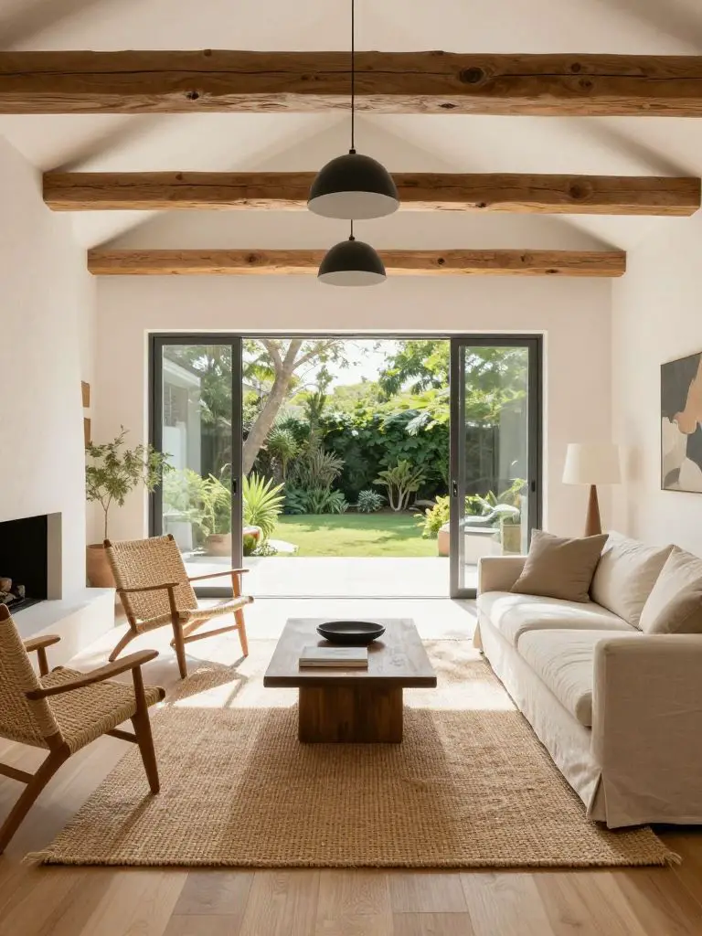 An airy stylish minimalist living room with exposed timber beams and expansive glass doors opening to a lush backyard.