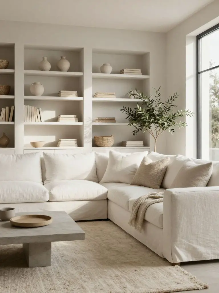 An airy neutral minimalist living room featuring a soft white linen sofa positioned parallel to custom built-in shelving in warm white.