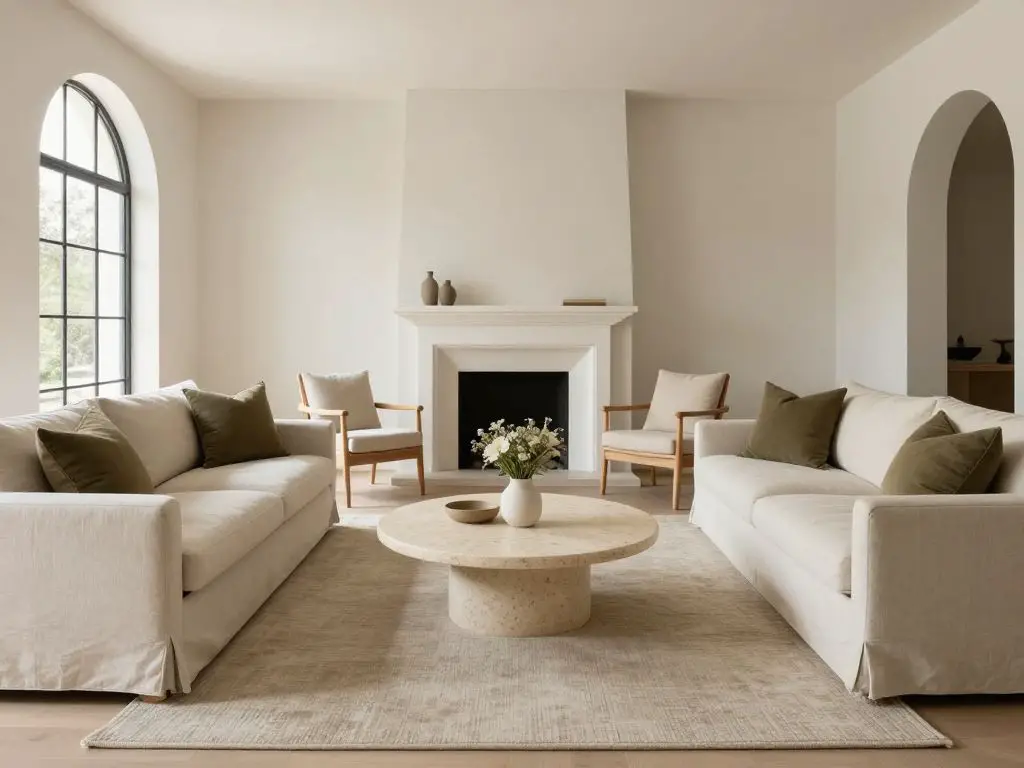 A bright airy minimalist living room in a Warm Minimalist + Modern Rustic blend featuring two symmetrical ivory linen sofas facing each othe.