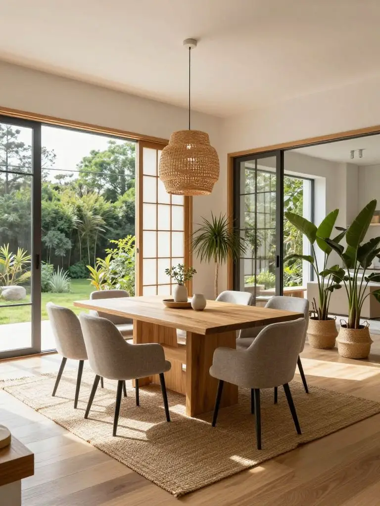 An airy open-concept Japandi dining room showcasing a long natural oak table centered on a woven jute rug, surrounded by upholstered dining.