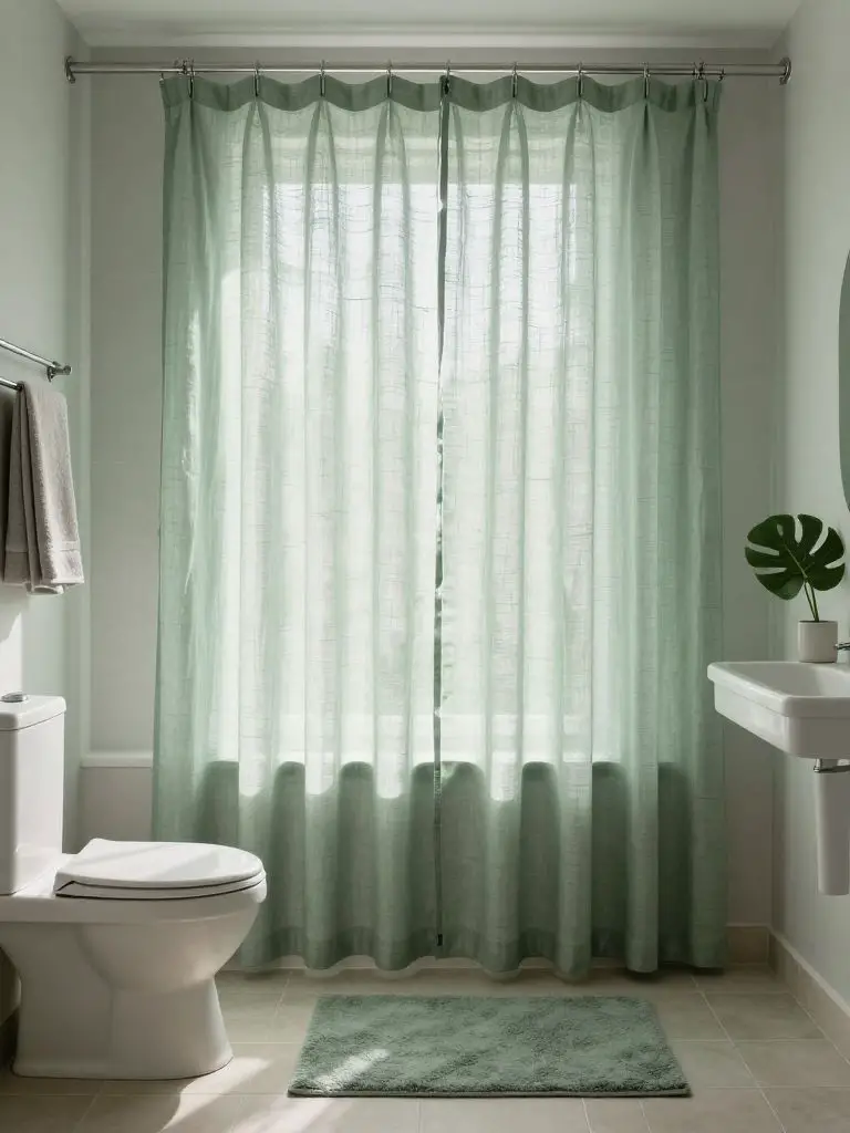 A compact sage green bathroom softened by floor-length linen shower curtains in a dusty sage tone, gently diffusing bright daylight from a c.