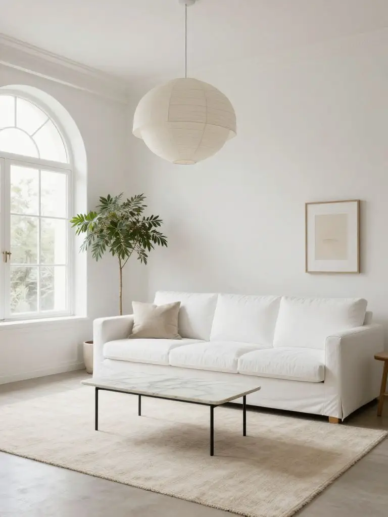 An airy white minimalist living room centered around a low-profile white slipcovered sofa beneath a sculptural fabric pendant light.