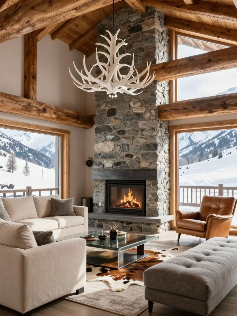 An alpine-inspired mountain cottage living room with exposed timber trusses and a sculptural white antler chandelier suspended above the sea.