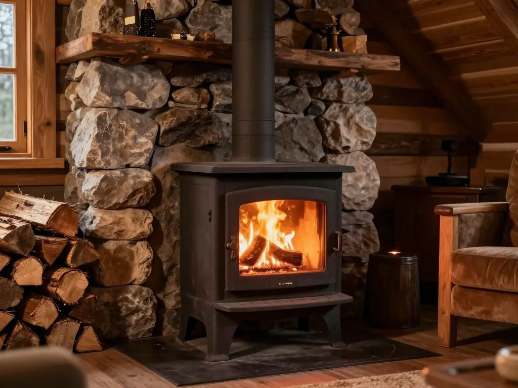 image of a cast iron wood stove in a cozy off-grid cabin interior, fire glowing through glass door, stacked firewood beside stone hearth, wa.