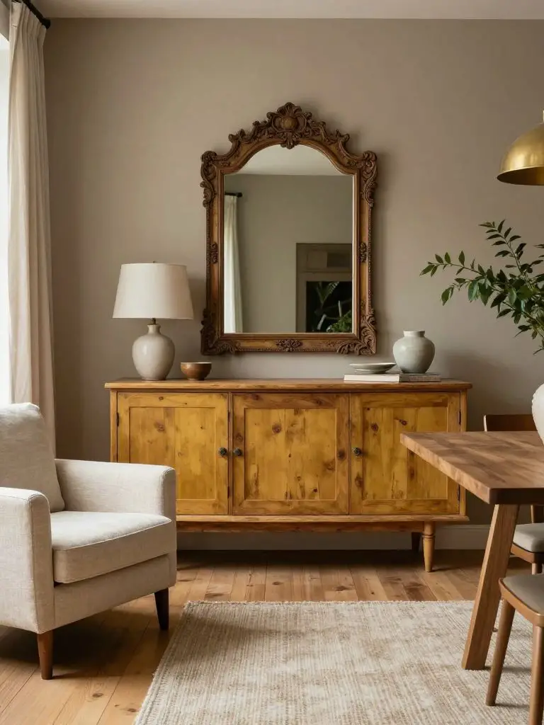 Eco-conscious living space anchored by an antique-inspired carved mirror above a refinished wood sideboard in soft mustard tone.