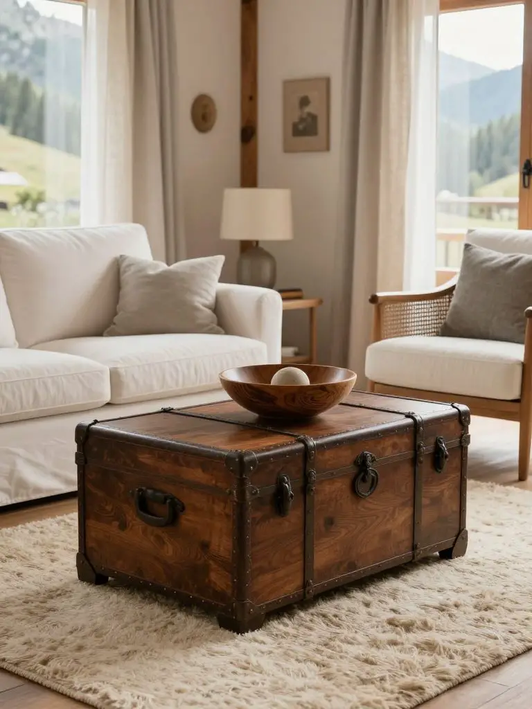 A rustic antique trunk repurposed as a coffee table in a cozy mountain cabin seating area.