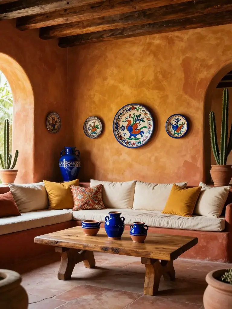 A Mexican hacienda-style living room with arched stucco walls in warm ochre and burnt marigold tones, accented by hand-painted Talavera wall.