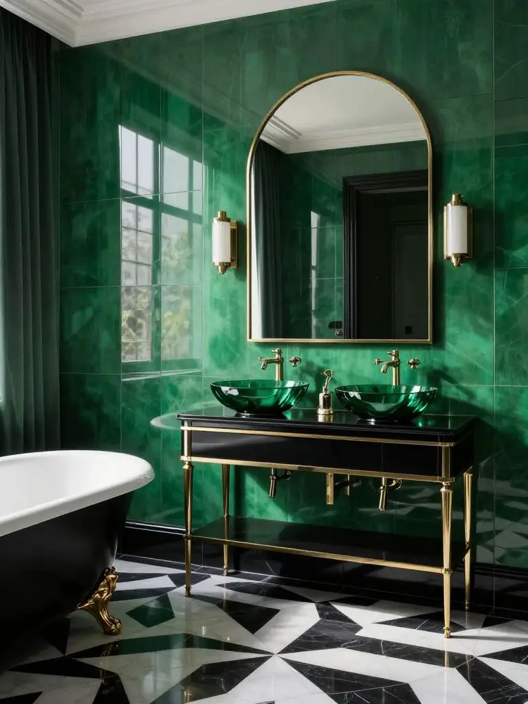 An Art Deco emerald green bathroom featuring high-gloss emerald wall panels paired with bold geometric black-and-white floor tiles.
