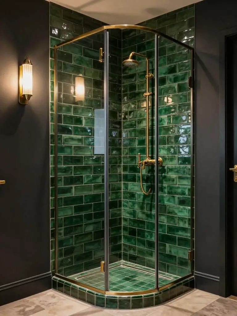 An Art Deco-inspired dark green shower space wrapped in glossy emerald brick tiles with contrasting deep painted walls.