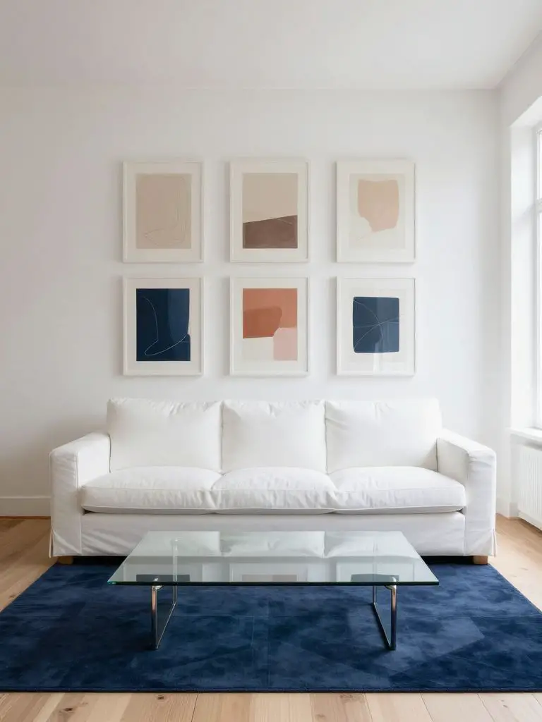 An art-forward minimalist living room featuring a bright white sofa positioned against a gallery wall of soft-toned abstract prints.