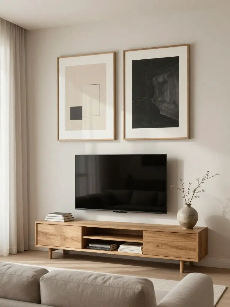 A minimalist TV wall styled with two oversized framed art prints positioned above a centered wall-mounted television.