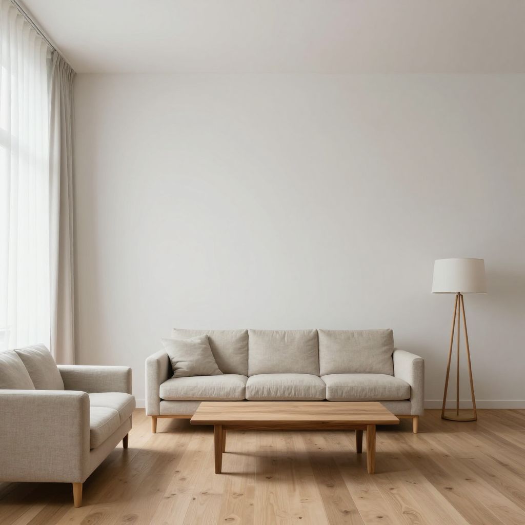 interior photography illustrating restraint in minimalist design, perfectly balanced living room with exactly three elements: one simple lin.