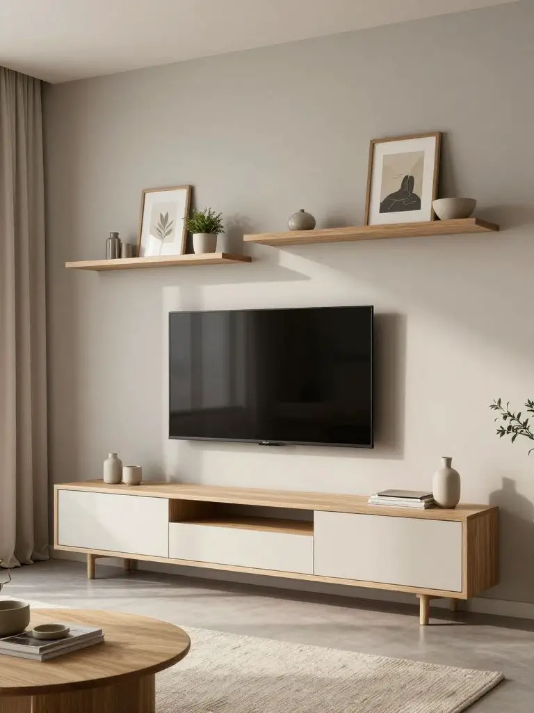 A Scandinavian-inspired minimalist TV wall featuring asymmetrical floating oak shelves above a wall-mounted television.