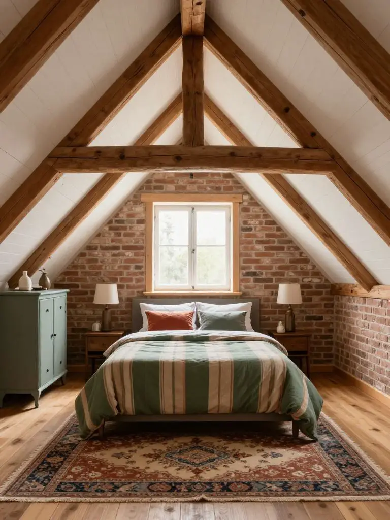 An attic mountain cabin bedroom with sloped white-painted ceilings and exposed natural wood beams creating architectural rhythm.