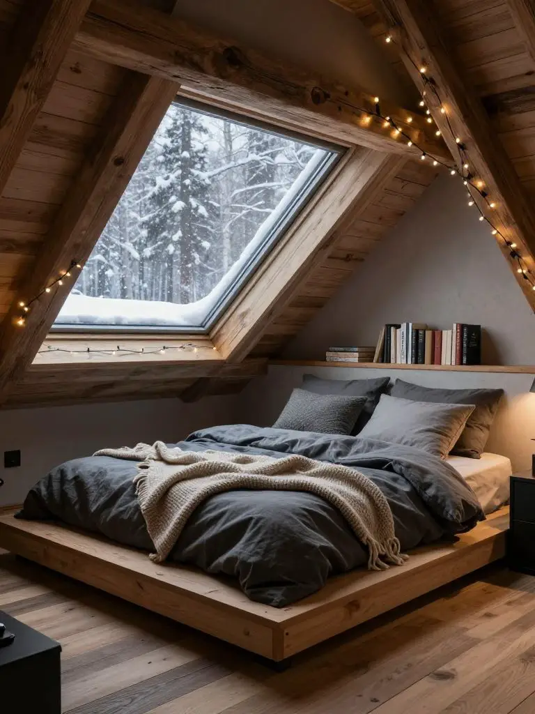 A winter cabin attic loft bedroom designed in cozy modern rustic style, featuring sloped ceilings with exposed timber beams and a large skyl.
