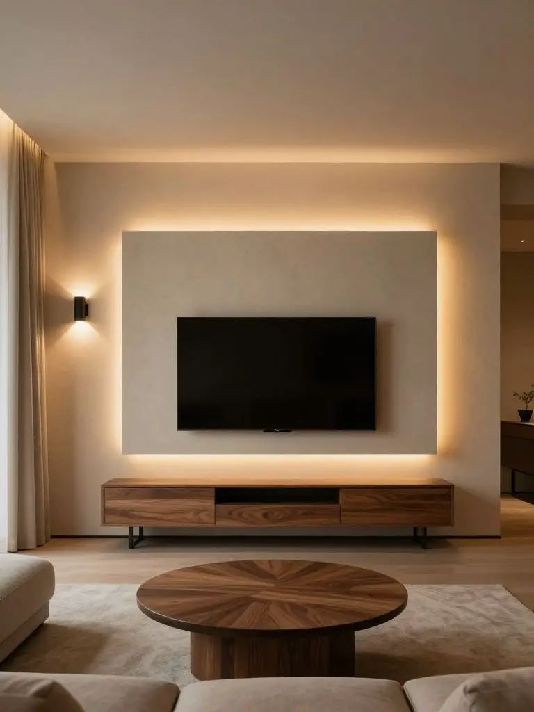 A modern minimalist TV wall featuring integrated warm LED backlighting behind a textured neutral panel.