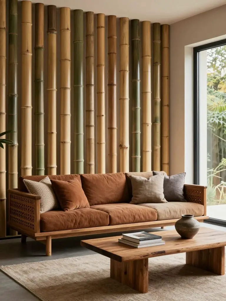 A modern eco friendly living room highlighting a vertical bamboo accent wall made from rapidly renewable materials.