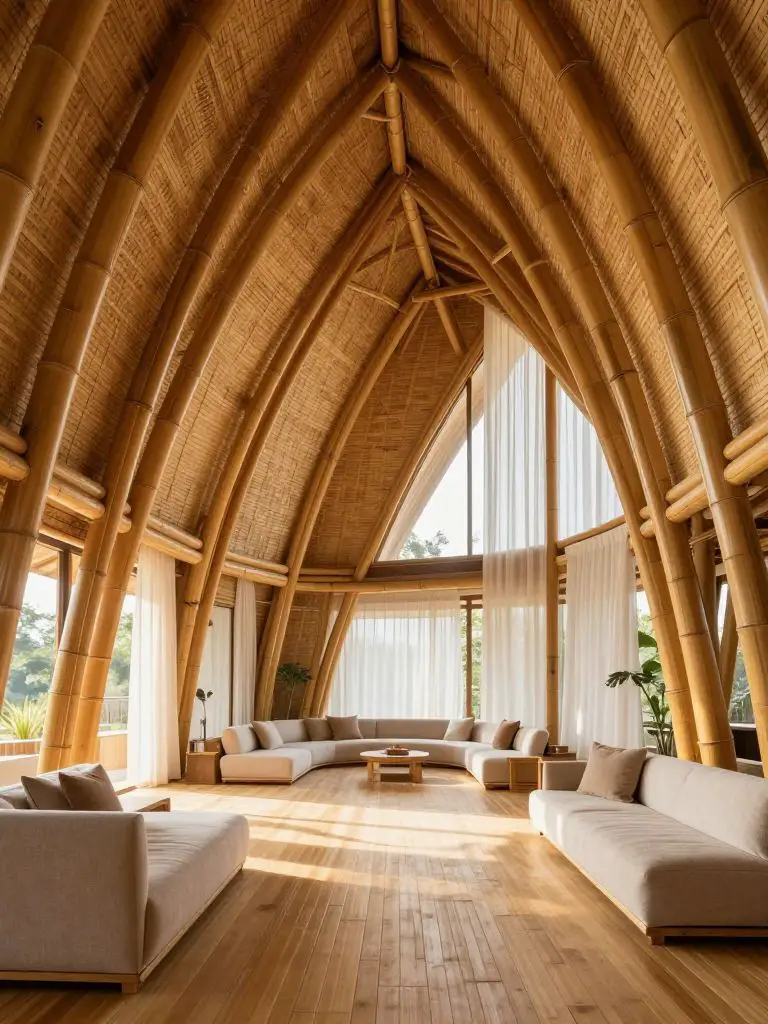 interior of a modern bamboo architecture home with soaring curved bamboo structural beams and woven bamboo wall panels.