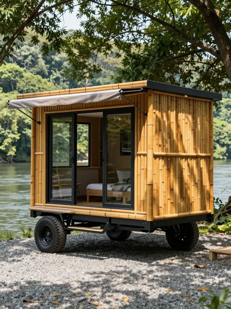 A hyper- photograph of a compact, elevated bamboo tiny home designed for off-grid mobility, resting on a lightweight steel chassis with all.