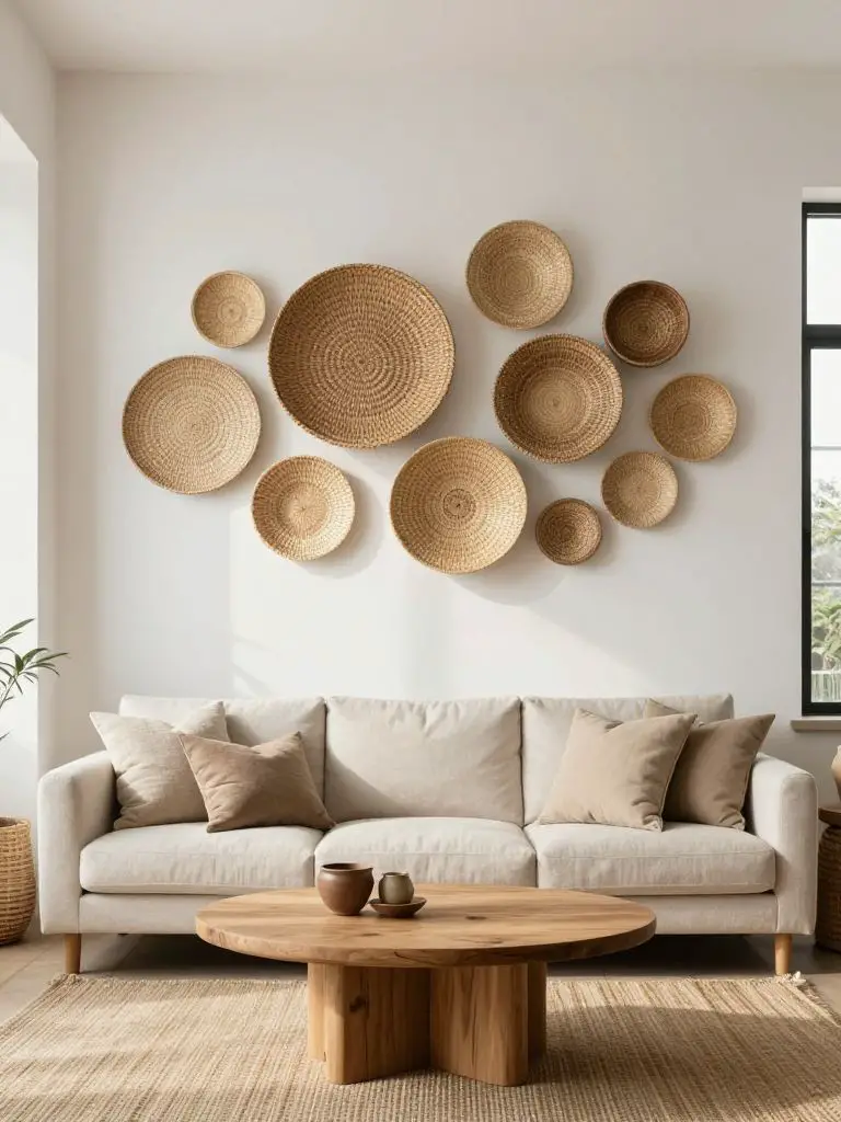 A bright cozy earthy living room with woven basket wall decor arranged organically on a crisp white plaster wall.