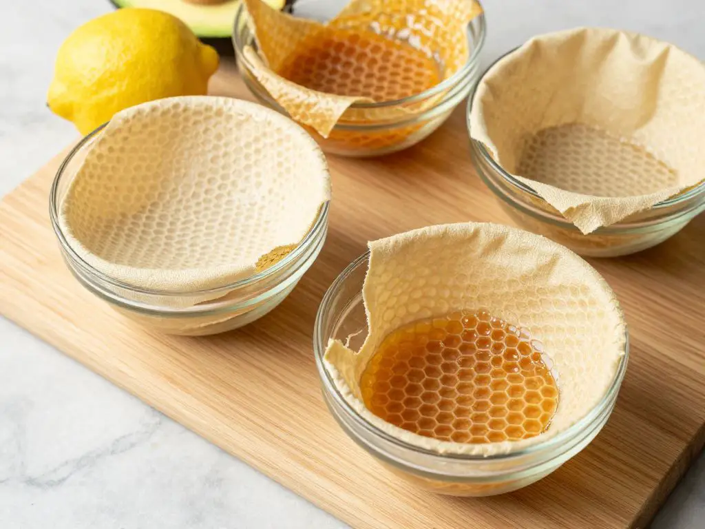 Overhead photography of beeswax food wraps in natural honeycomb pattern covering glass bowls on light wooden cutting board, wraps in earth t.