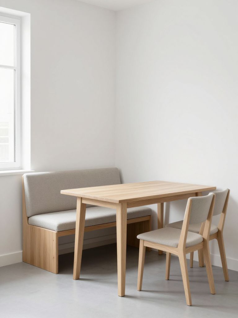 interior photography of minimalist dining area featuring light wood table with sleek upholstered bench on one side and two simple chairs opp.