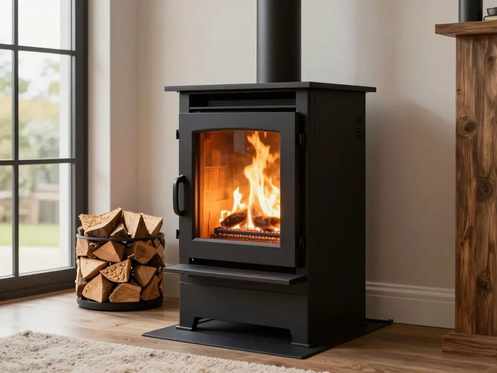 interior photography of contemporary biomass pellet stove in modern living room, sleek black or steel finish with visible glass door showing.