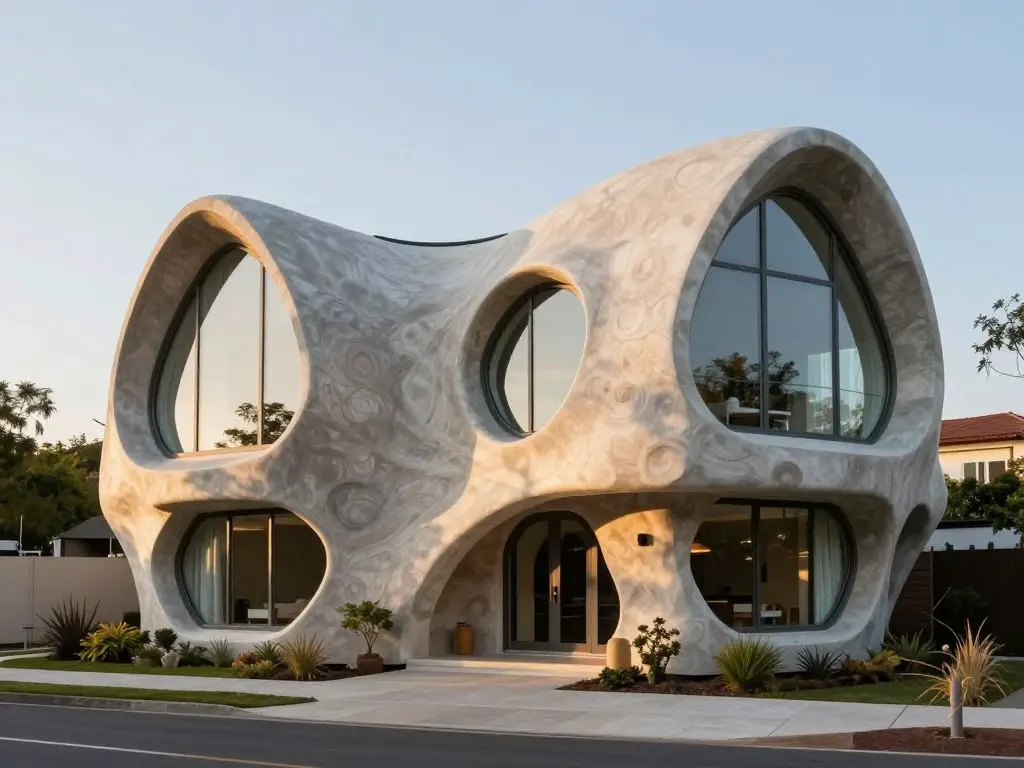 exterior photography of a biomimicry-inspired modern eco house with hexagonal window patterns and organic flowing architecture mimicking nat.