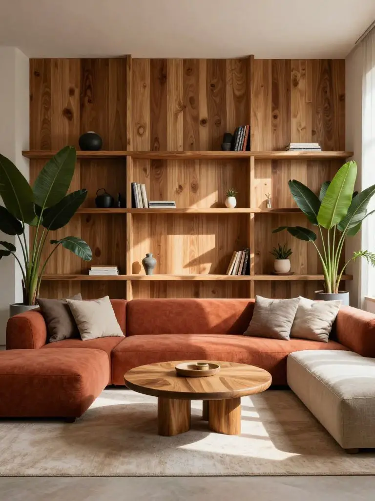 A bold biophilic sustainable living room featuring curved reclaimed wood shelving integrated into a vertical wood-paneled feature wall.