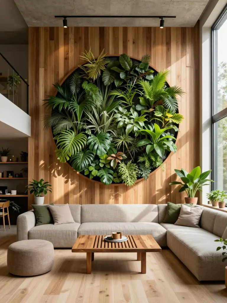 A biophilic eco friendly interior featuring a dramatic circular living plant wall mounted against FSC-certified vertical wood slats.