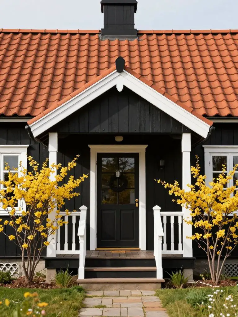 A black-painted cottage small cabin idea with a warm terracotta tiled roof and white-trimmed porch, styled in Scandinavian Rustic tradition.