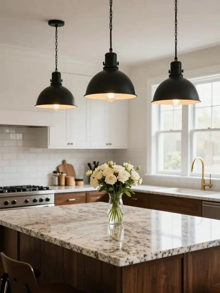 Classic kitchen remodel featuring black industrial pendant lights suspended above a speckled granite island as the main focal point.
